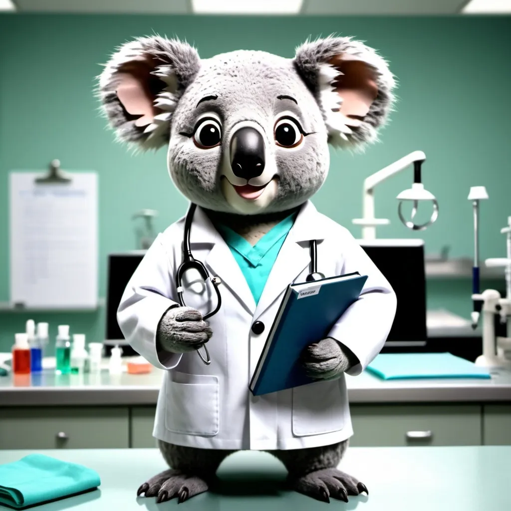 Prompt: "An animated koala wearing a white research lab coat over medical surgical scrubs. The koala is in a laboratory setting, smiling and holding a medical book or laboratory tool. Ensure the stethoscope and eyebrows are accurately depicted without errors. The background should clearly reflect a research or lab environment."