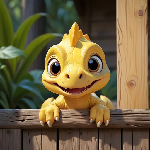 Prompt: Disney style cute yellow baby dinosaur peeks its head over a wooden sign, friendly and lovely style, vibrant colors, sunny