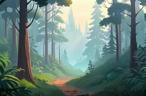Prompt: generate The dense forest in the mist under the morning sunlight, disney cartoon style,  high quality