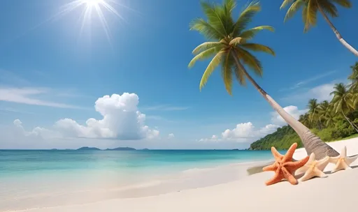Prompt: 
 wonderful white sand beach under the sunlight, green coconut-trees at 2 sides view of the beach, shells and star fish on the beach,  detail the beach, rock the summer style