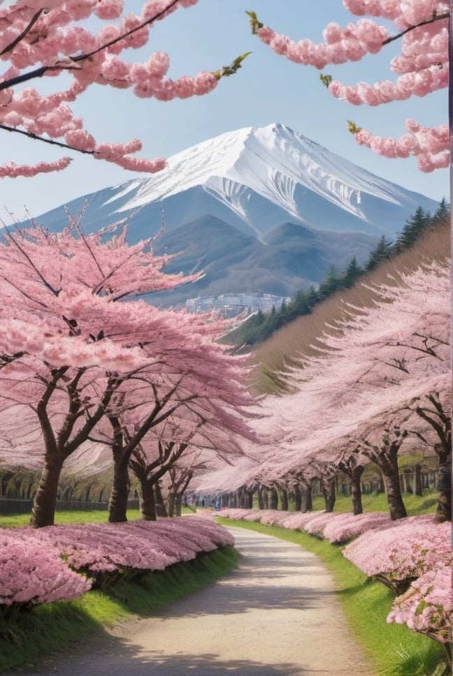 Prompt: A lovely cherry blossom forrest with a mountain behind 