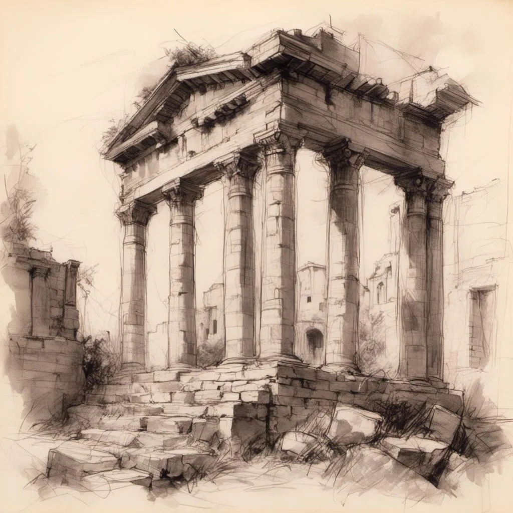 Prompt: <mymodel> pencil-sketch of a ruin of a Roman temple