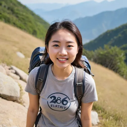 Prompt: an Asian girl celebrating her 26 th birthday by hiking mountain 