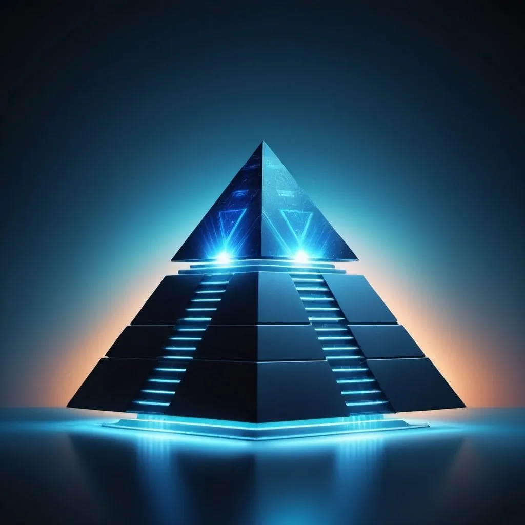 Prompt: create image of a futuristic blue pyramid with glowing top.