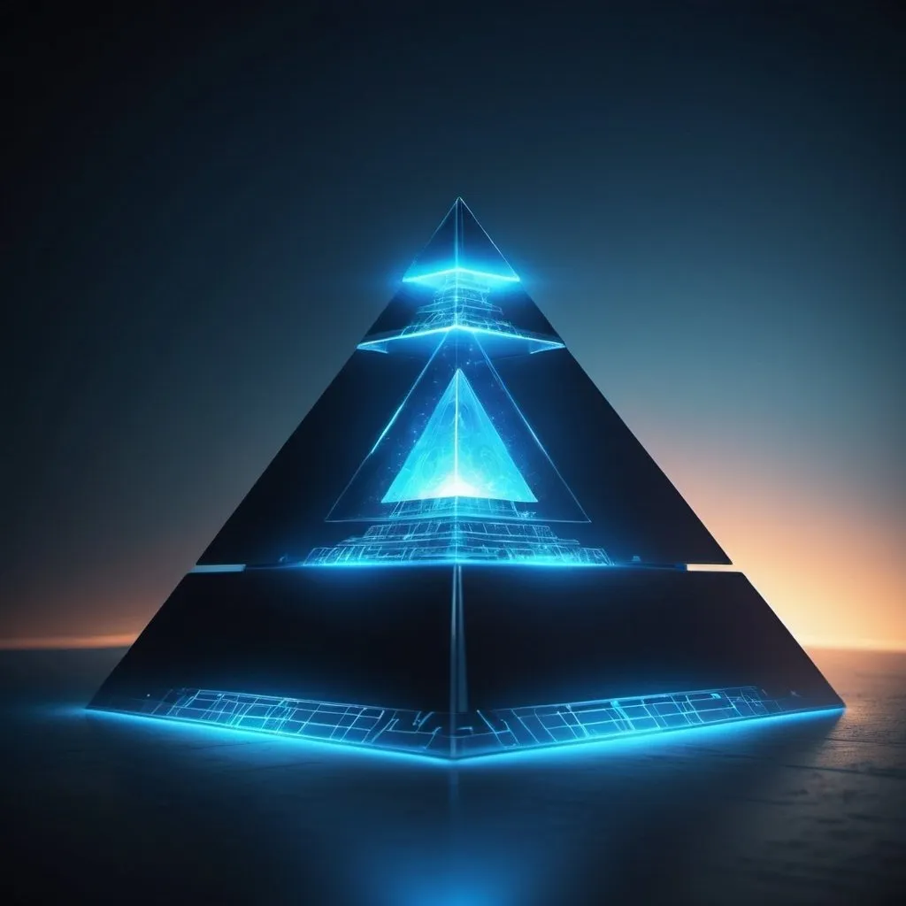 Prompt: create image of a futuristic blue pyramid with glowing top.