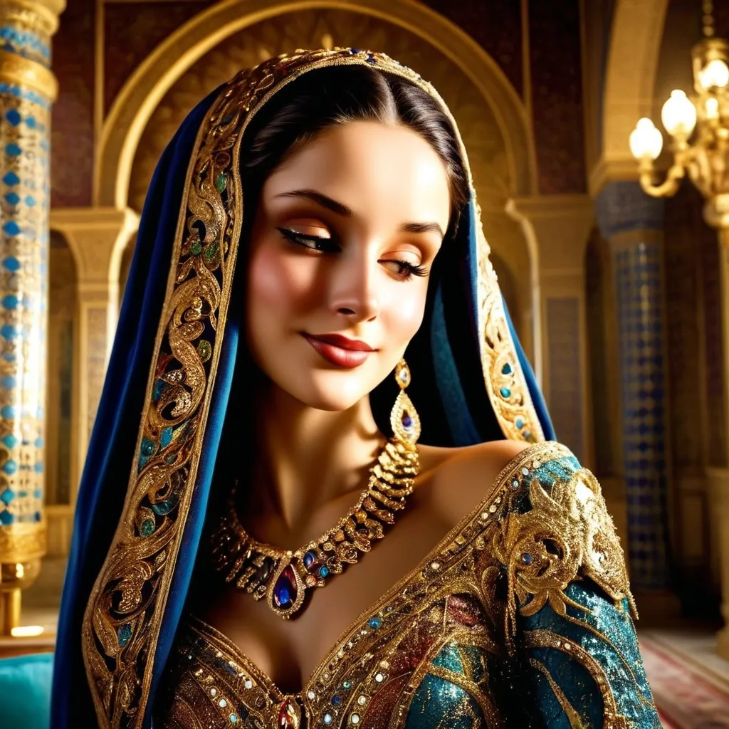 Prompt: (a regal figure) queen of Tunisia, adorned in an exquisite luxurious gown, opulent jewelry sparkling, intricate Andalous motifs and patterns, rich jewel tones, (golden highlights), elegant posture, lush backdrop of historical architecture, warm and inviting ambiance, softly illuminated with a mystical glow, enchanting atmosphere, (highly detailed) luxurious textures, (ultra-detailed) 4K quality.