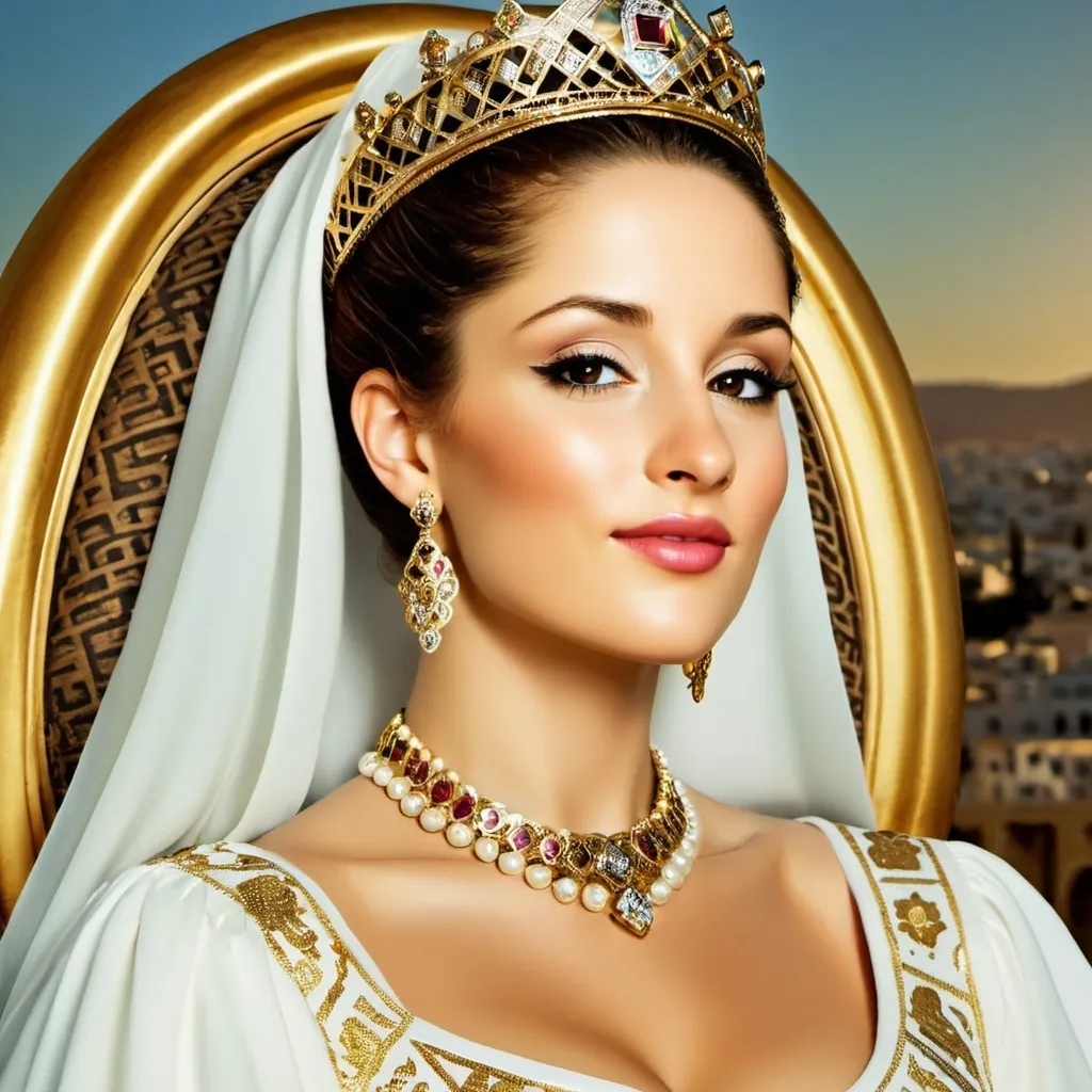 Prompt: (Queen of Tunisia), adorned in a (luxurious white dress), embellished with (sparkling pearls) and intricate (Tunisian Romanian patterns), detailed with (metallic gold accents), wearing a regal (diamond crown). Seated gracefully on a lavish chair, exuding elegance, with a stunning panoramic view of (beautiful Tunisia) in the background, bathed in warm, enchanting light, ultra-detailed, cinematic masterpiece.