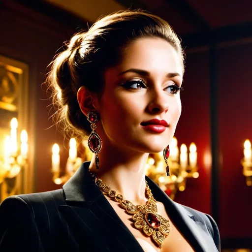 Prompt: (luxurious Mafia boss woman), exuding power, sophisticated attire, embellished with elegant accessories, intense gaze, glamorous backdrop, wealthy environment, opulent colors – deep reds and golds, dramatic lighting, high contrast, confident posture, ultra-detailed features, powerful aura, cinematic atmosphere, high-quality 4K, dramatic elegance, commanding presence.