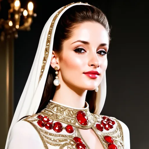 Prompt: (exquisite dress design), white with (pearl accents), embellished with (red cherry gems), enhanced by (metallic gold trimmings), inspired by (Romanian aesthetics) with a (Tunisian flair), showcasing (opulent details), luxurious, elegant silhouette, intricate stitching patterns, designed as if by (Elie Saab), displaying a harmonious blend of cultures, draped fabric, high fashion, (ultra-detailed), (4K).