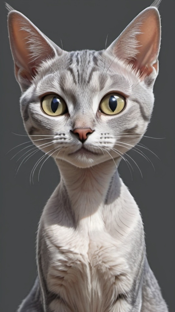 Prompt: A cartoon style of a silver grey female oriental short hair - cat face needs to be more angular 

