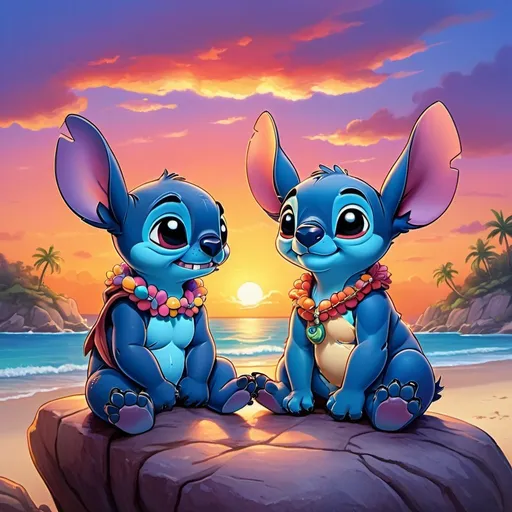 Prompt: Stitch and Lilo sitting on a rock, colorful sunset sky, beach setting, warm and inviting atmosphere, high quality, digital painting, vibrant colors, Disney style, detailed fur, heartwarming scene, tropical paradise, happy and peaceful expression, scenic beauty, best quality, digital painting, tropical, heartwarming, vibrant colors, Disney style, beach setting, sunset, detailed fur, peaceful atmosphere, inviting, scenic beauty, heartwarming scene