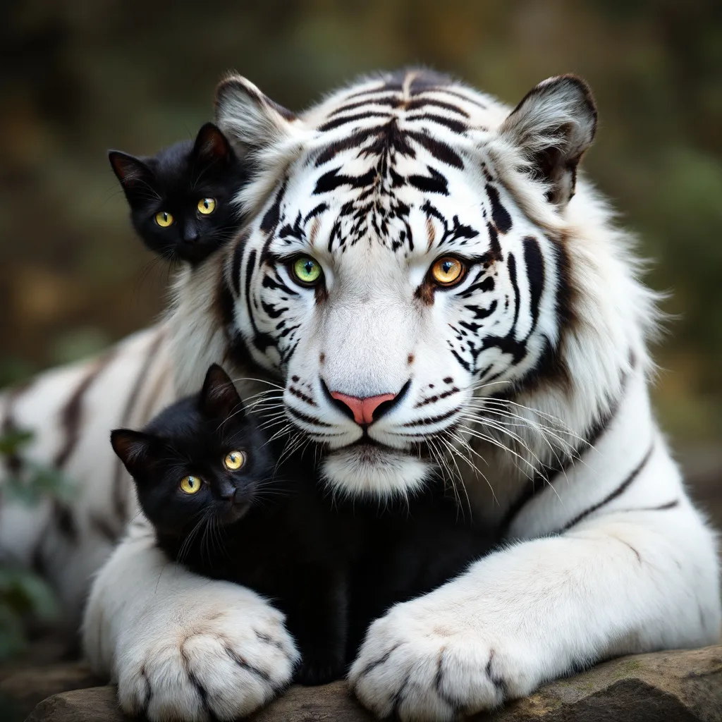 Prompt: eine schwarze katze die auf einem weisen tiger sitzt mit verschiedenen augenfarben