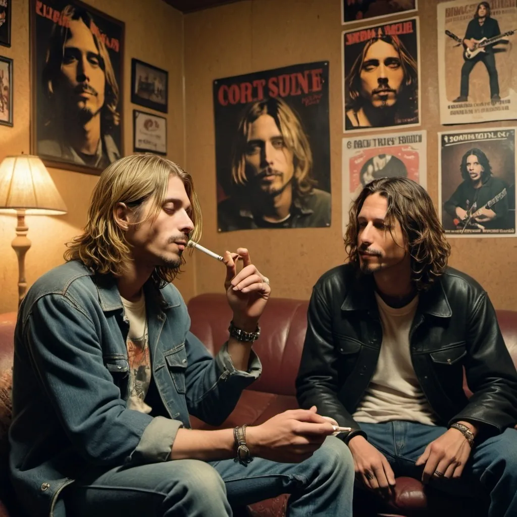 Prompt: Kurt Cobain and Chris Cornell smoking a joint