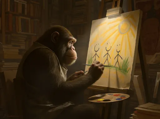 Prompt: An intimate studio scene of an ape artist seated at a wooden easel and painting made by a child. The large canvas features stick figure people smiling in the sunshine. Rich chiaroscuro lighting from a side window casts warm highlights on the painter’s face and hands, with deep shadows in a cluttered, book-lined studio filled with wooden shelves. The palette on the ape’s palette includes blues, ultramarine, cobalt, turquoise, white, and ochre; thick, visible brushstrokes convey energy and motion. Cinematic mood, high detail, photorealistic yet painterly texture.
