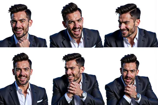 Prompt: photorealistic well-dressed man ae65d419 with short dark hair, trimmed beard, dark suit, white shirt, silver watch A composition featuring six different facial expressions of the character, from shoulders up, arranged in a grid pattern on a white background. The expressions include: Laughing: Wide smile, eyes crinkled, exuberant joy. Crying: Tears streaming, furrowed brows, open mouth. Angry: Furrowed brows, clenched teeth, intense gaze. Shy: Slight blush, eyes averted, small smile. Surprised: Raised eyebrows, wide eyes, open mouth. Scared: Wide eyes, open mouth, tense facial muscles. Character details remain consistent across all expressions with shoulders visible to frame the face. Each expression is clear and easily recognizable against the clean white background.