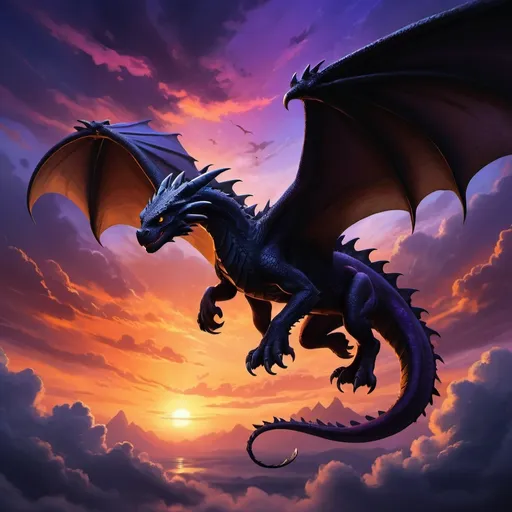 Prompt: night fury dragon, (stunning silhouette), soaring against a dramatic sunset, rich oranges and purples in the sky, clouds softly illuminated, ethereal and magical atmosphere, capturing the adventure and wonder, digital artwork, ultra-detailed, high-quality, vibrant colors, cinematic masterpiece, captivating artistry