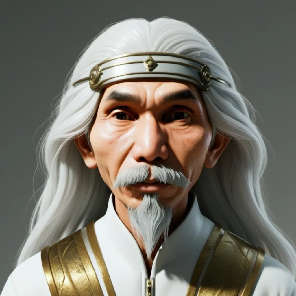 Prompt: Hyperrealistic 3D Cartoon style character, An elderly Asian man, around 60 years old, with a thin, slightly wrinkled face. He has a long white mustache and beard, and his long white hair flows down. full body futuristic prince, with futuristic armor gold and white, Use soft photography lighting. Hair lighting, top lighting, side lighting, high quality photos, UHD, 16K