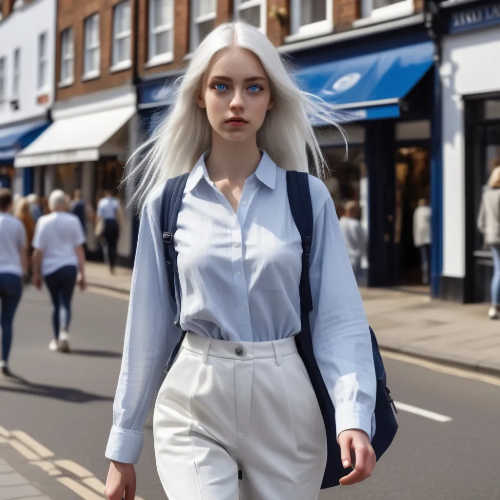 Prompt: Tall young woman walking down the high street, detailed clothing, realistic, white hairs, nevy blue eye colour  and white and blue out fit
