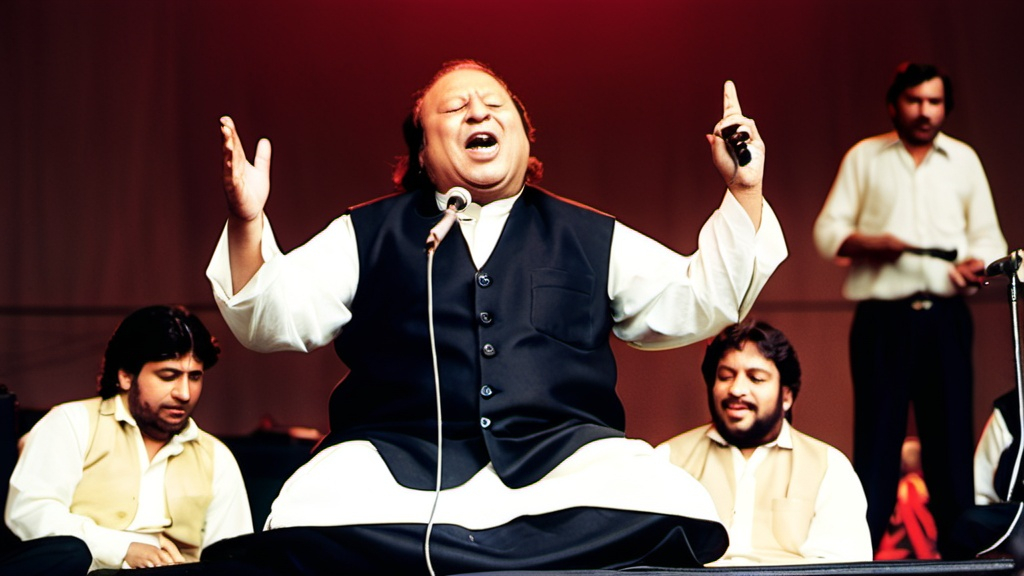 Prompt: nusrat fateh ali khan,singing wih his team on stage, siting