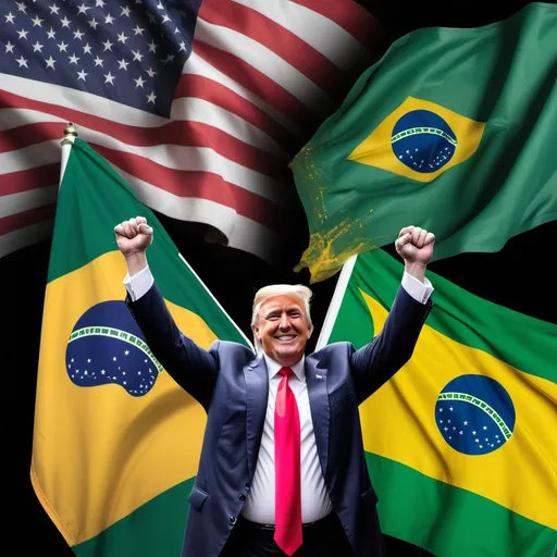 Prompt: an image of trump celebrating his victory and one flag behind trump that has  images as follows, the flag of the united states on the left and the flag of brazil on the right and the transition between the two flags is degraded