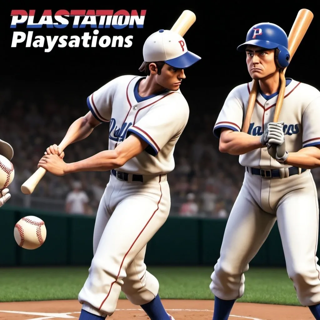 Prompt: create a playstation one game cover about baseball, with 2 baseball players, one with a bat and the other one throwing a ball, one in front of the other. The grafics must look old, like in an old computer. Add the PlayStation logo. The image should be in 1280x720 size.
