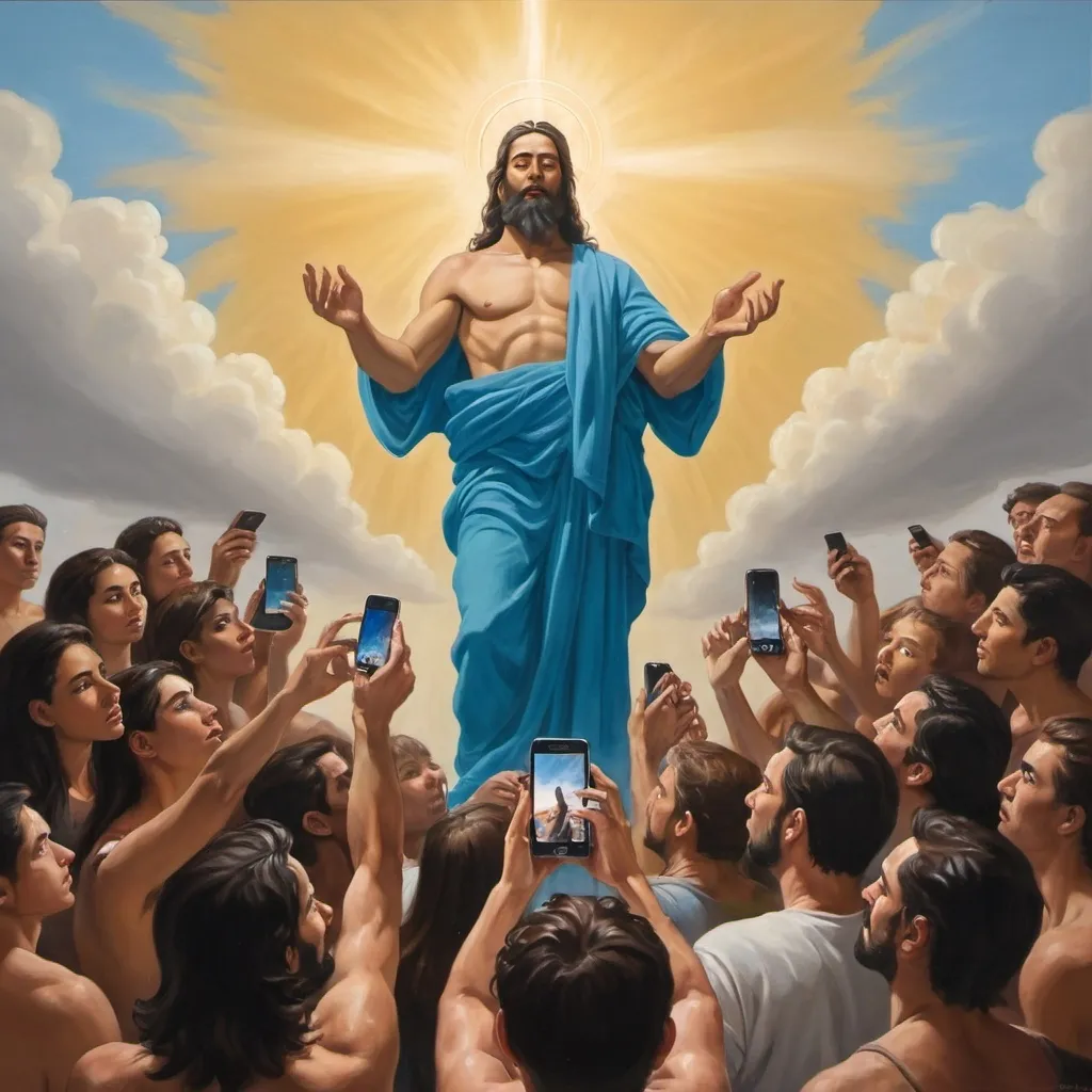 Prompt: Oil painting of a god hovering over people. Everyone below is on their iPhones looking at them. The god is not. Everyone on phones 