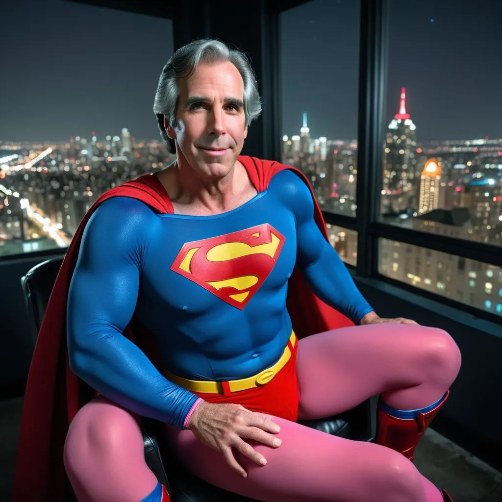 Prompt: Henry winkler Superman, aged 50 years old, black and grey hair, my adventures with superman costume, red trunks, reclining in a chair, putting on his pink boots, iconic pose, night time, window overlooking city background, night time, detailed, (hdr:1. 2), intricate details, cinematic, detailed, editorial photography, highly detailed face, private studio: 1.3, POV, nikon d850, stock photography film, 4 kodak portra 400, f1.6 camera lens, intense colors, realistic texture, spectacular lighting, cinestill 800,