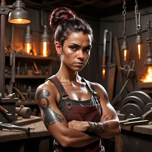 Prompt: Athletic young adult blacksmith female, (vibrant) dark red skin, (intense) dark hair in a loose bun, (unique) small bony spikes adorning her forehead, shoulders, and arms, (powerful and striking) pose, (crossed arms), (dark industrial workshop) background with tools, soft (warm lighting) illuminating her features, (highly detailed) character design, showcasing her strength and skill in blacksmithing.