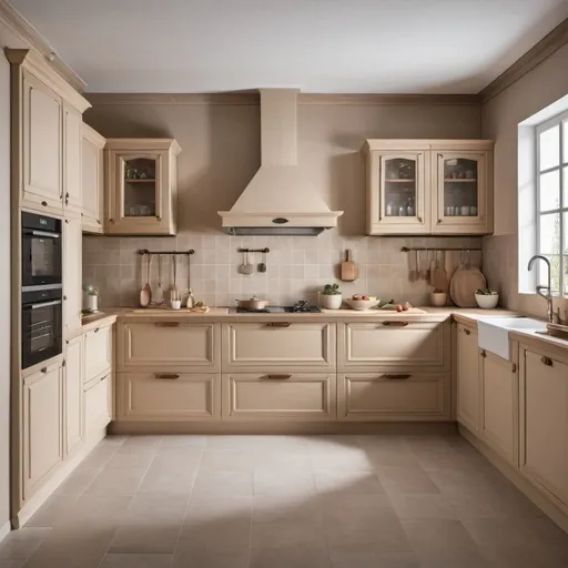 Prompt: Un design di una cucina classica beige in legno con elettrodomestici e maioliche in constrasto