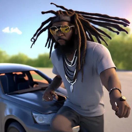 Prompt: 3d render of, a black guy with long dreads and a glock hanging out of a car window