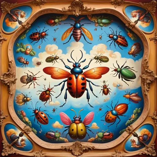 Prompt: (Bugs painting Sistine), whimsical scene, vibrant colors, dynamic brush strokes, surreal atmosphere, character-driven, humorous tone, intricate details in the ceiling, renaissance-style backdrop, clever incorporation of cartoon elements, playful interaction with iconic art, (fantasy), high quality, creative masterpiece.