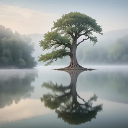Prompt: A serene and tranquil scene depicting a single, ancient tree standing at the edge of a calm lake. The water is mirror-like, reflecting the clear sky and the tree in perfect symmetry. Surrounding the scene are soft, gentle mists that enhance the atmosphere of peace and stillness. This setting symbolizes the quiet strength and alignment that comes from being truly present and centered within oneself.