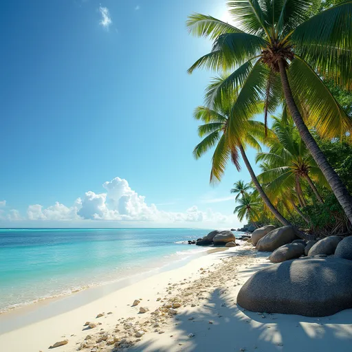 Prompt: a nice beach with nice scenery with rocks and palm trees