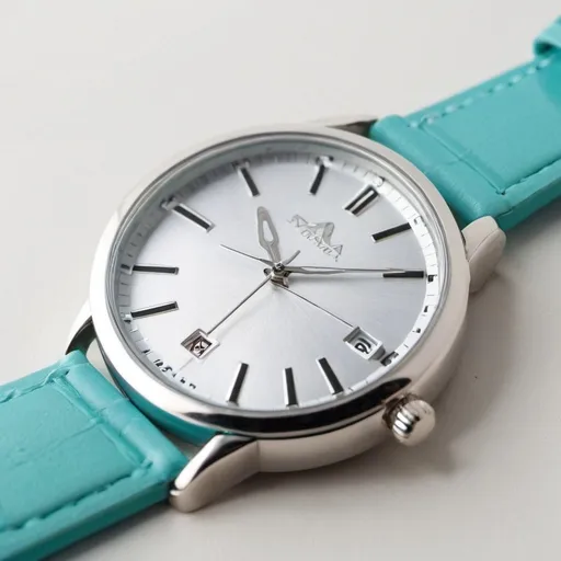 Prompt: aqua strapped watch with silver case and dial

