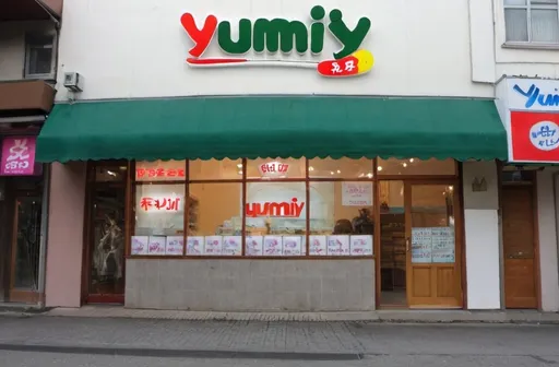 Prompt: front of a convince store named, "Yumiy"