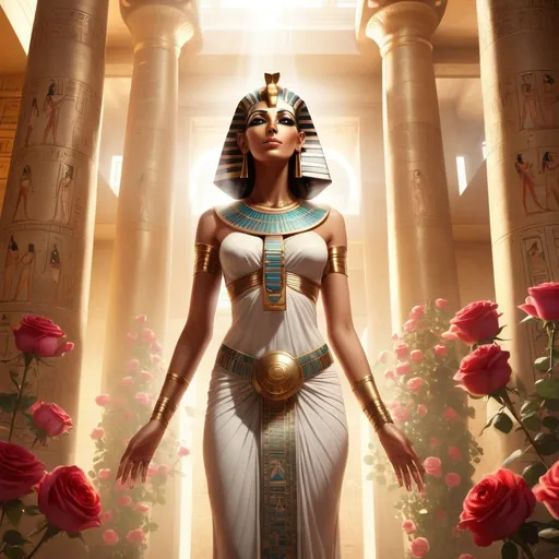 Prompt: Egyptian goddess, standing in a temple, surrounded by roses, sunlight