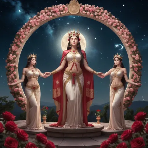 Prompt: goddesses with a crown, standing in a circle, in a temple, surrounded by roses, and the night sky full of stars