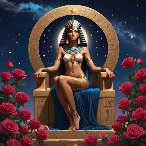 Prompt: Egyptian goddess, sitting on a throne, surrounded by roses, and the night sky full of stars