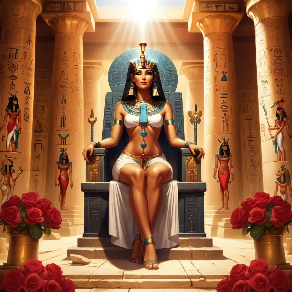 Prompt: Egyptian goddess, sitting on throne, in Egyptian temple, surrounded by roses, and sunlight, hathor, ankh, hieroglyphics 