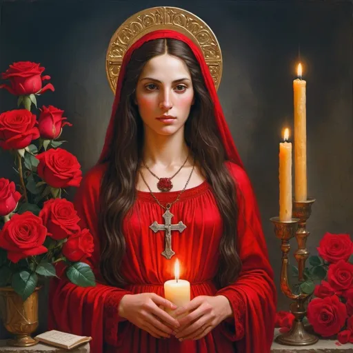 Prompt: Mary Magdalene, with dark hair, in ancient Israel, red gown, abundance of red roses, Camargue cross, vibrant and rich colors, oil painting, high quality, classical art, warm tones, soft lighting, biblical, detailed facial features, traditional, historical, religious iconography, detailed floral arrangements, candles