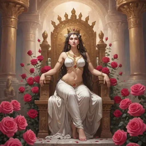 Prompt: goddess, sitting on a throne, with a crown, in a temple surrounded by roses