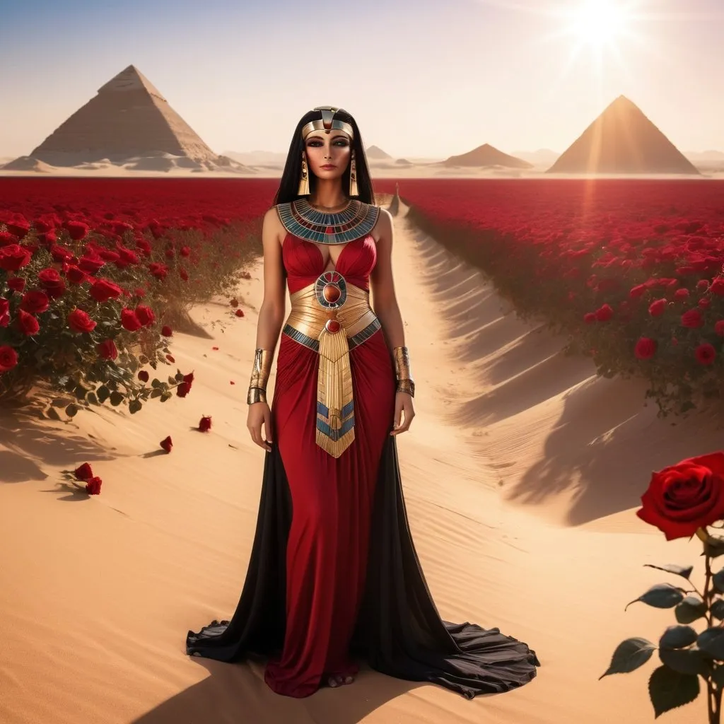 Prompt:  life like Egyptian goddess, wearing a gown, standing in Egyptian desert, surrounded by lots of red and black roses, sunlight, hathor