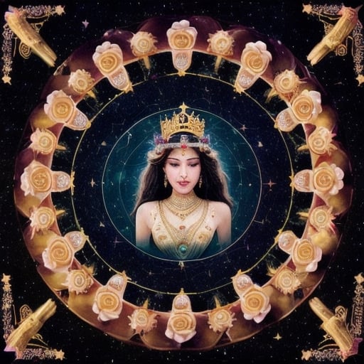 Prompt: 7 goddesses with a crowns, dancing in, in a temple, surrounded by roses, and the night sky full of stars