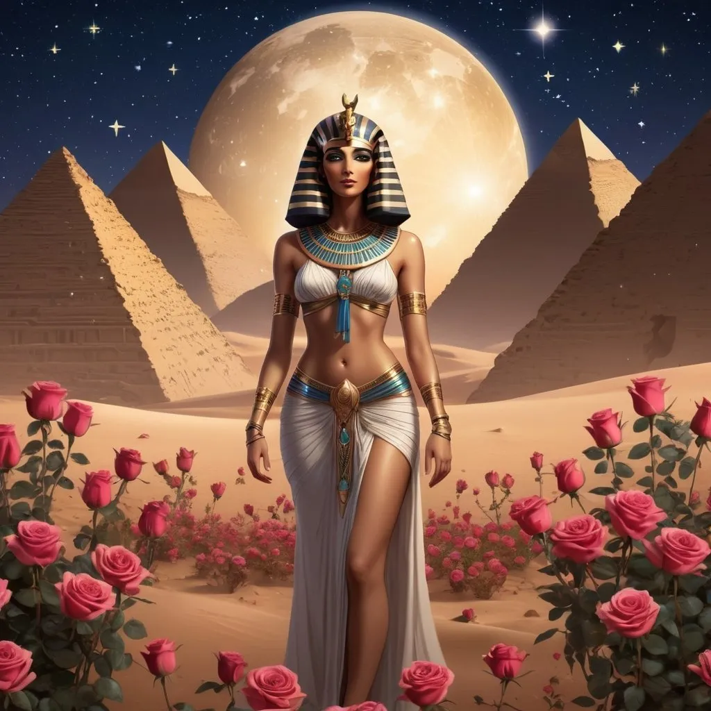 Prompt: Egyptian goddess, standing in Egyptian desert, surrounded by roses, night time, seven stars, 