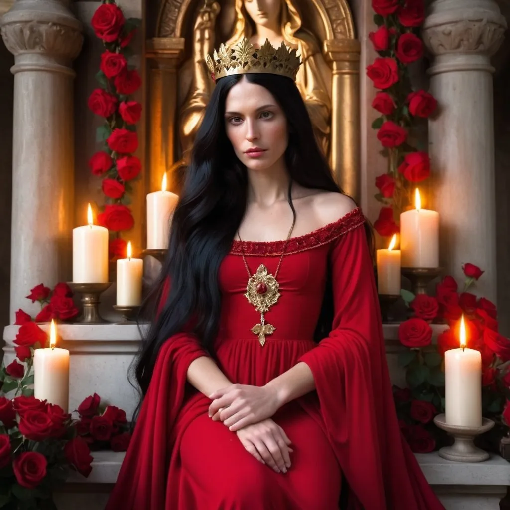 Prompt: beautiful life like woman, Mary Magdalene, wearing a long red gown, crown of flowers, long black hair, in a temple, statue, candles, lots of red roses