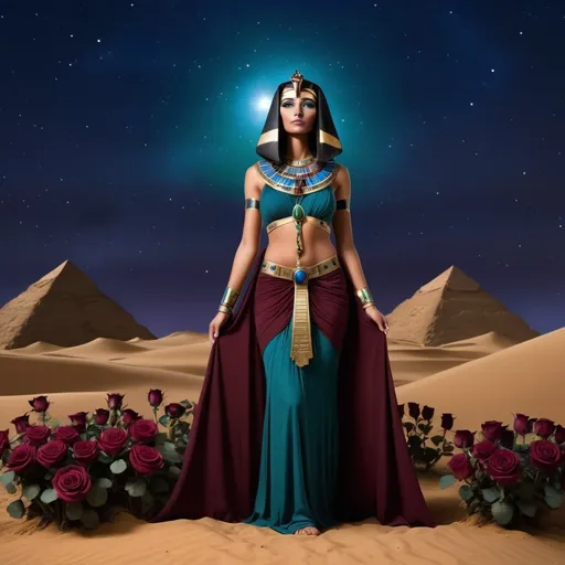 Prompt:  life like Egyptian goddess, wearing a gown, standing in Egyptian desert, surrounded by of maroon and black, blue, and green roses, night sky, seven stars, hathor