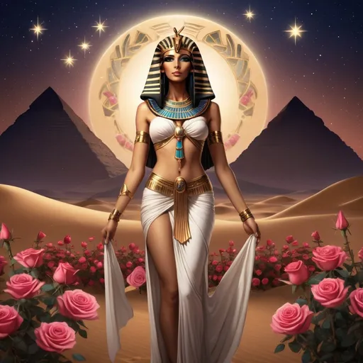Prompt: Egyptian goddess, standing in Egyptian desert, surrounded by roses, night time, seven stars, 