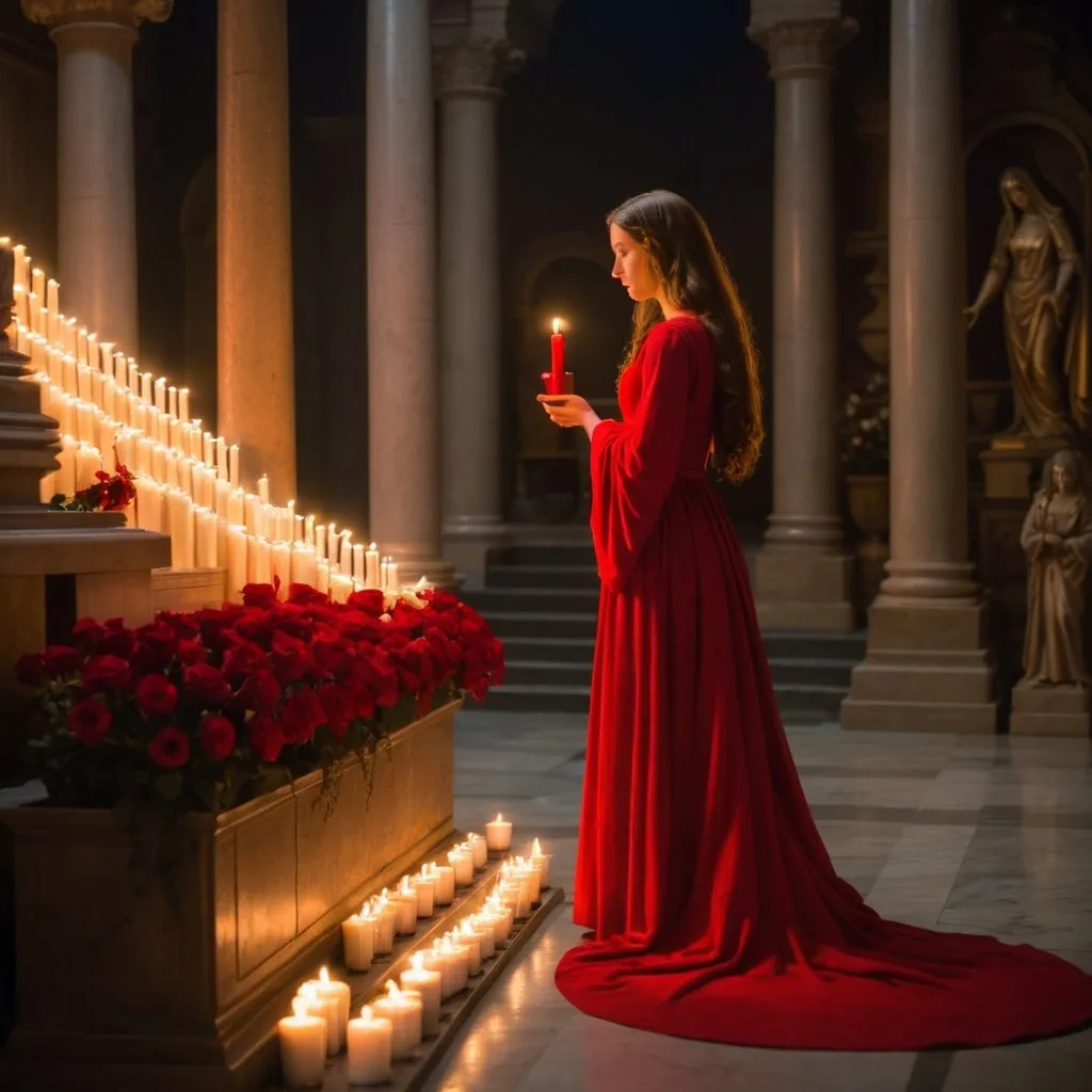 Prompt: Mary Magdalene, wearing a long red gown, in a temple, looking at a statue, candles, lots of red roses