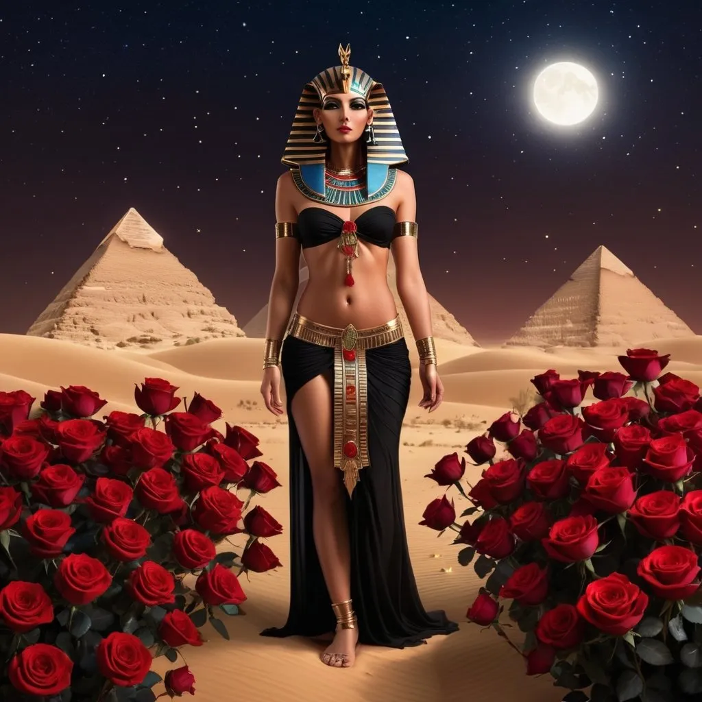 Prompt: two life like Egyptian goddess, standing in Egyptian desert, surrounded by lots of red and black roses, night time, seven stars, 