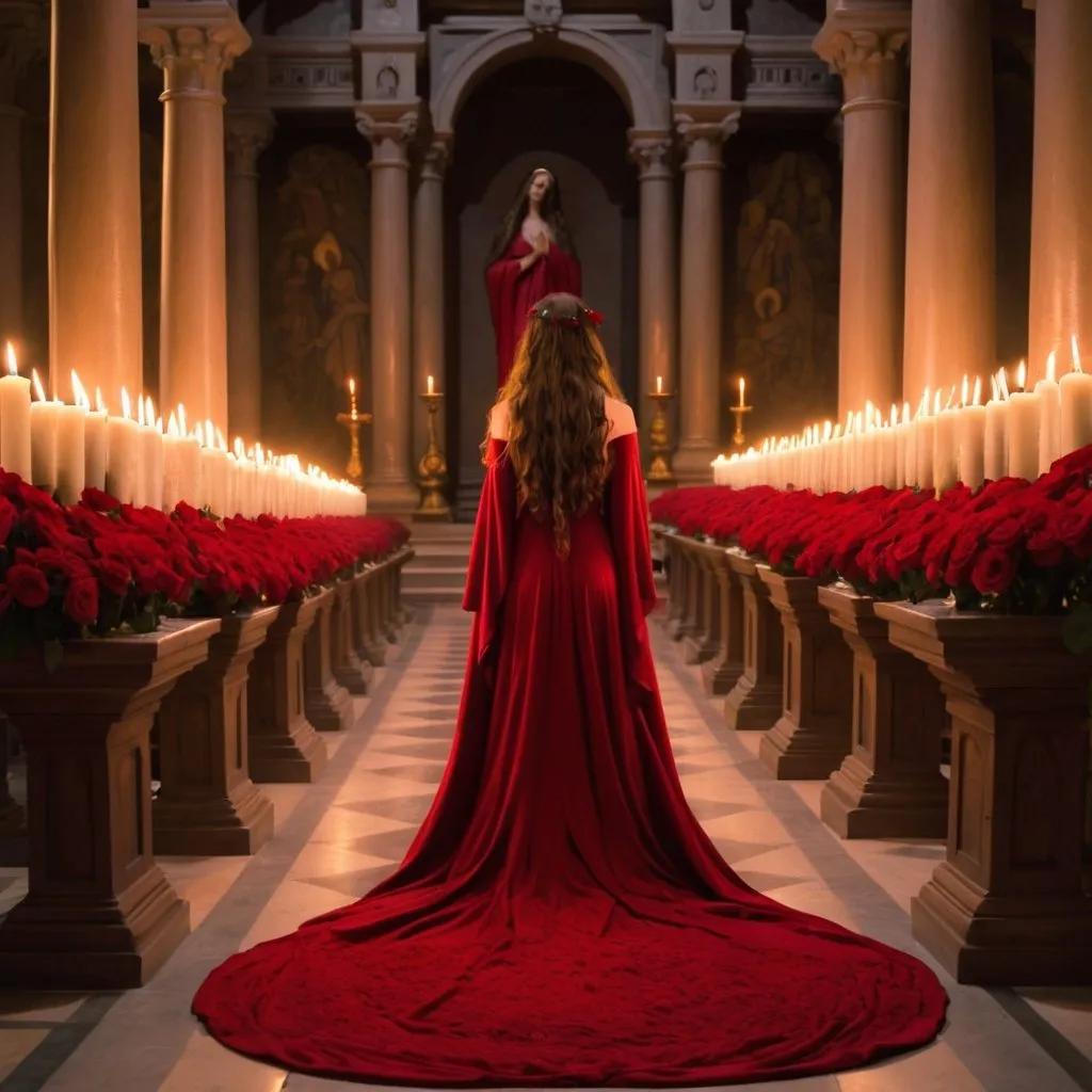 Prompt: Mary Magdalene, long red gown, in a temple, candles, lots of red roses